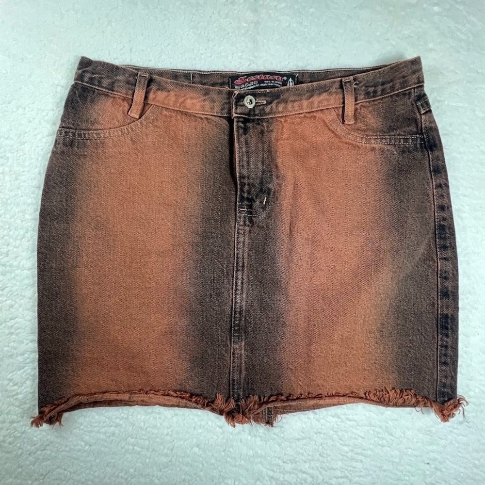 Vintage Y2K Brown Acid Wash Denim Mini Skirt Frayed Hem 100% Cotton 29 Waist